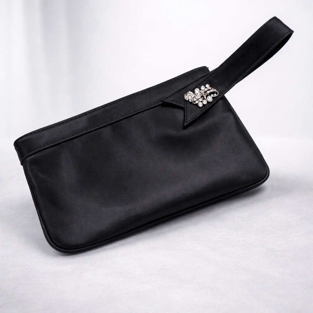 LOFT Black Satin Rhinestone Accents Clutch / Wristlet